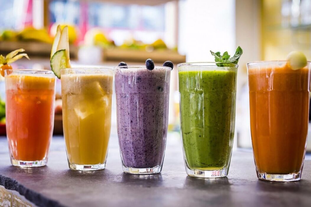 Various slimming smoothies are prepared from fresh ingredients